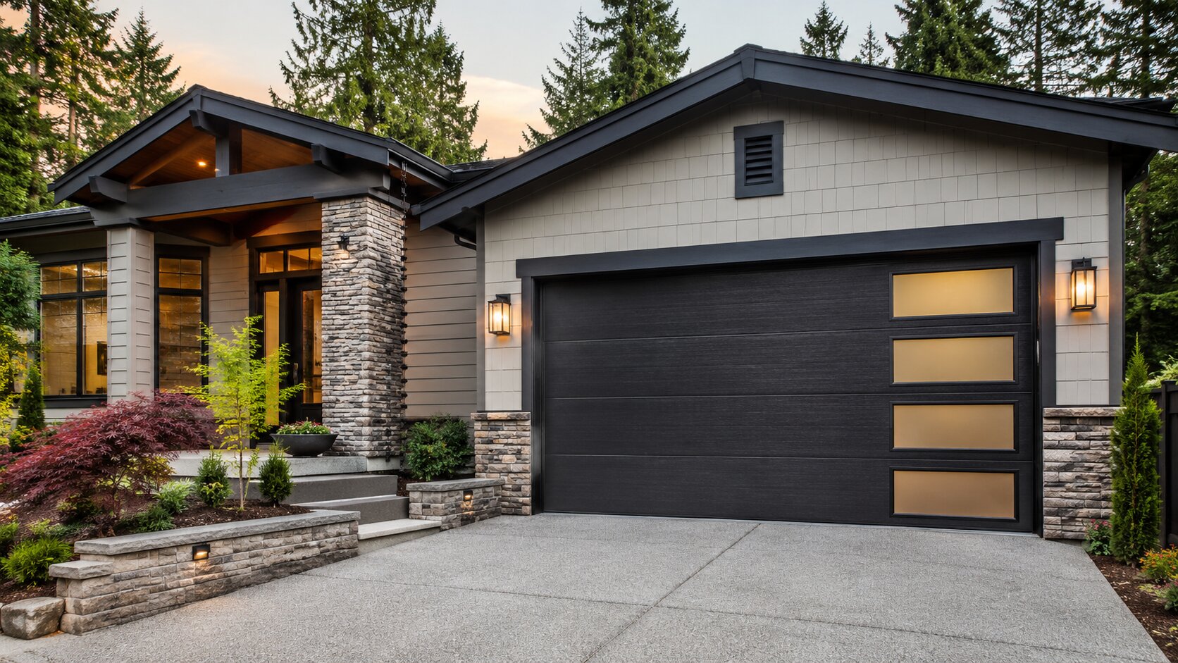 black-modern-sectional-garage-door-vertical-glass-panels-craftsman