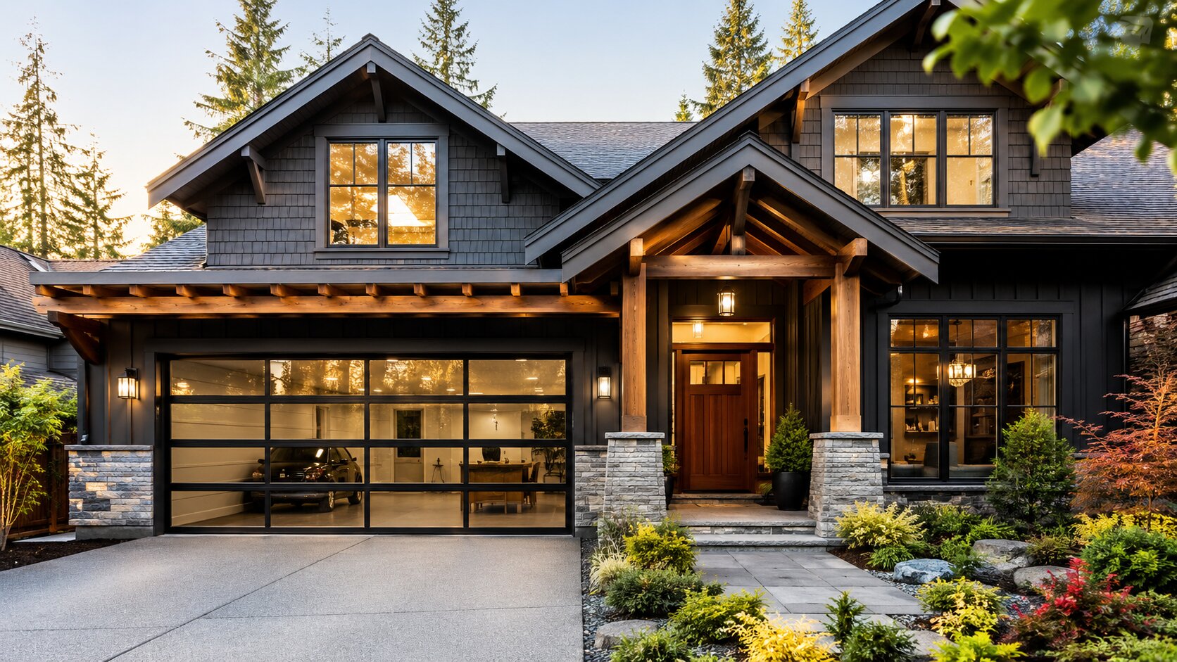 full-view-aluminum-glass-garage-door-black-frame-modern-craftsman